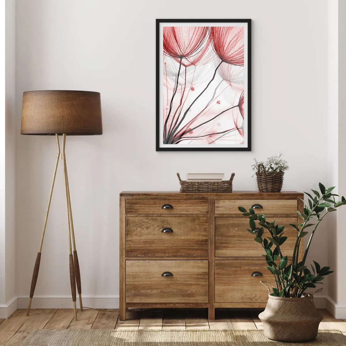 Póster en marco negro - Delicados dientes de león en tonos rojos y negros. - 50x70cm - Antes de partir - Decoración de pared moderna para salón y dormitorio ARTTOR