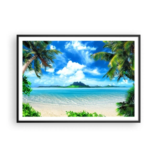 Póster en marco negro - Playa tropical con palmeras y vista a la isla. - 100x70cm - El azul de los trópicos - Decoración de pared moderna para salón y dormitorio ARTTOR