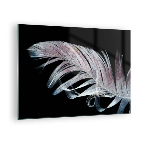 Cuadro sobre vidrio - Impresiones sobre Vidrio - Una delicada pluma sobre un fondo negro en un enfoque artístico. - 70x50cm - Piensa en el tacto - Decoración de pared moderna para salón y dormitorio ARTTOR