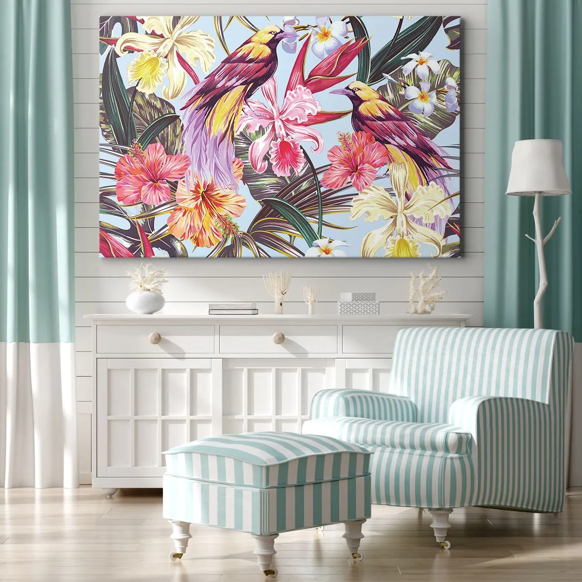 Cuadro sobre lienzo - Impresión de Imagen - Aves exóticas entre flores tropicales - 120x80cm - Pétalos y plumas - Decoración de pared moderna para salón y dormitorio ARTTOR
