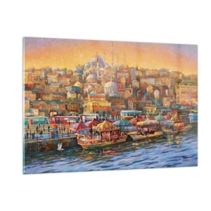 Cuadro sobre vidrio - Impresiones sobre Vidrio - Un puerto colorido con barcos y un panorama de la ciudad al atardecer. - 120x80cm - Una historia en Estambul - Decoración de pared moderna para salón y dormitorio ARTTOR