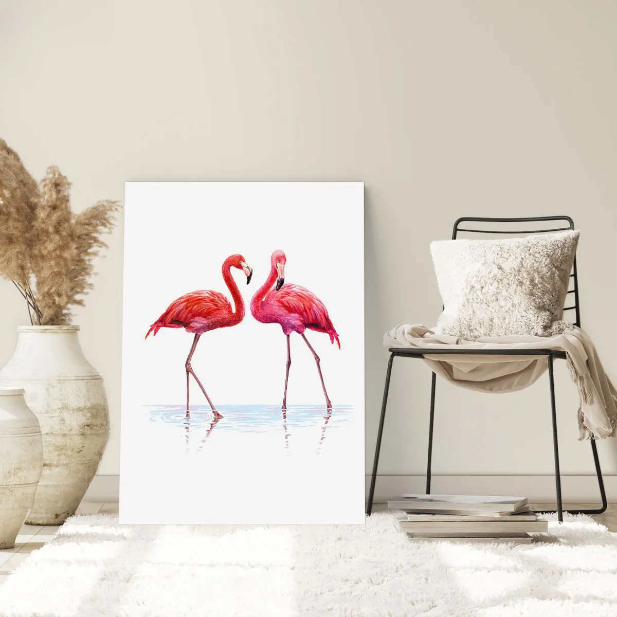 Póster - Dos flamencos sobre un fondo blanco con reflejo en el agua. - 50x70cm - Cita rosada - Decoración de pared moderna para salón y dormitorio ARTTOR