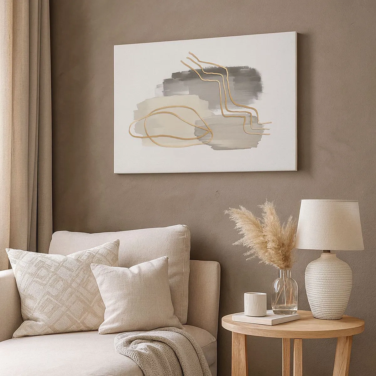 Cuadro sobre lienzo - Impresión de Imagen - Líneas doradas abstractas sobre un fondo gris - 70x50cm - Persistencia y movimiento - Decoración de pared moderna para salón y dormitorio ARTTOR