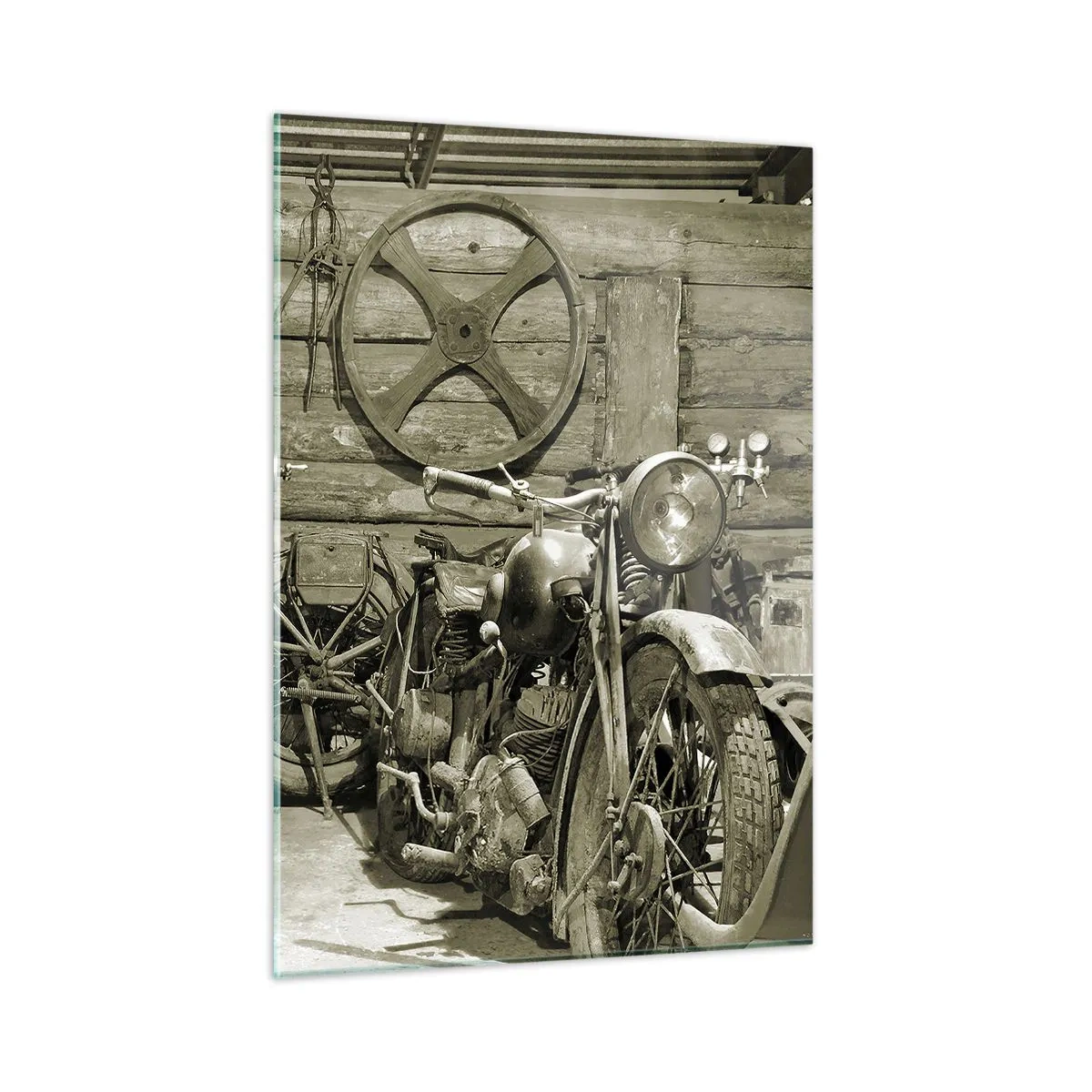 Cuadro sobre vidrio - Impresiones sobre Vidrio - Un taller con herramientas antiguas y una motocicleta vieja. - 50x70cm - En el trastero del abuelo - Decoración de pared moderna para salón y dormitorio ARTTOR