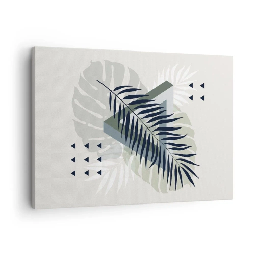 Cuadro sobre lienzo - Impresión de Imagen - Composición geométrica con hojas tropicales en tonos verdes. - 70x50cm - Naturaleza y geometría - Decoración de pared moderna para salón y dormitorio ARTTOR