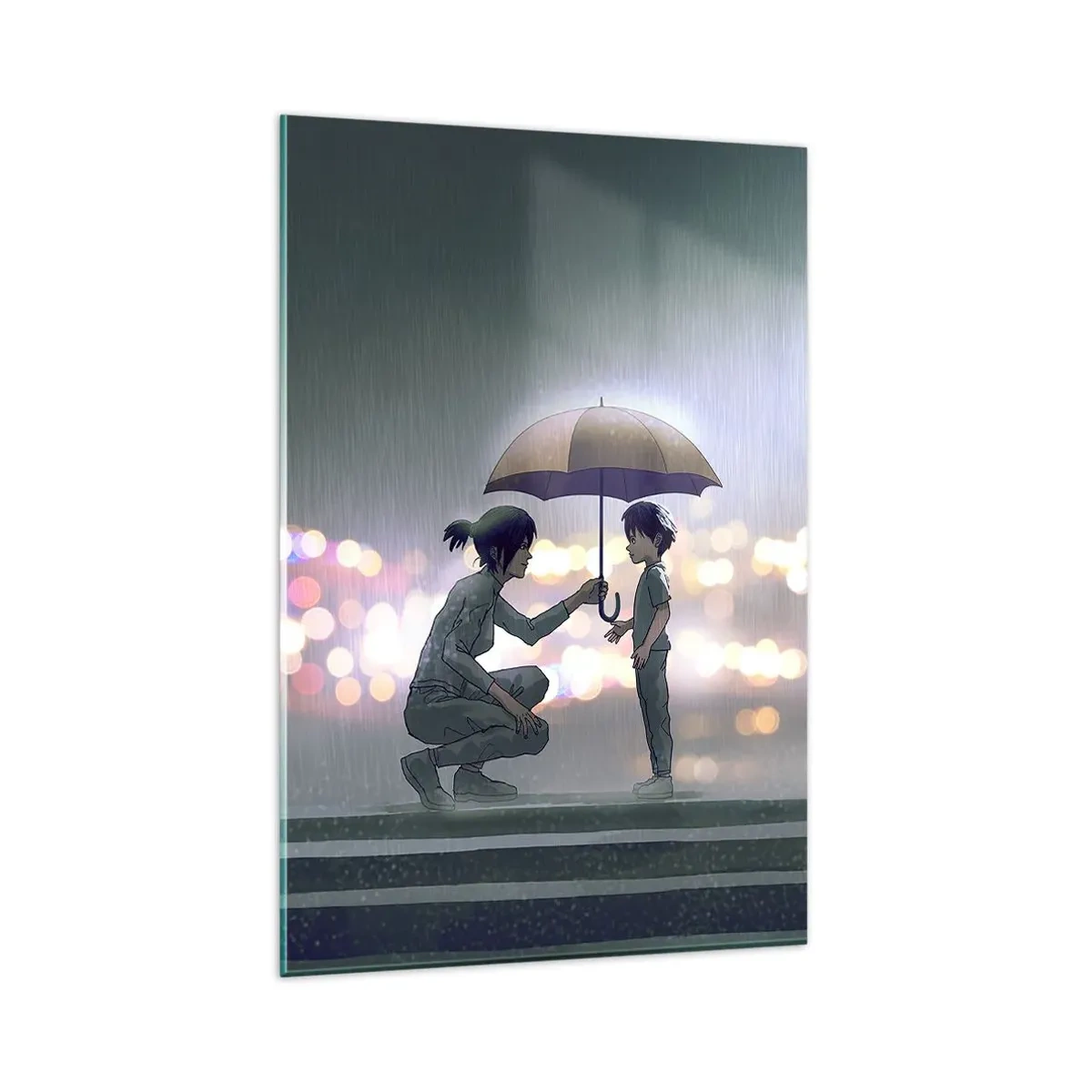 Cuadro sobre vidrio - Impresiones sobre Vidrio - Una figura con un paraguas protegiendo a un niño contra el fondo de luces nocturnas. - 80x120cm - Y todo está bien - Decoración de pared moderna para salón y dormitorio ARTTOR