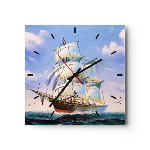 Reloj de pared - Reloj de vidrio - Un velero en mar abierto bajo un cielo azul. - 30x30cm - Orgulloso con el viento - Decoración de pared moderna para salón y dormitorio ARTTOR