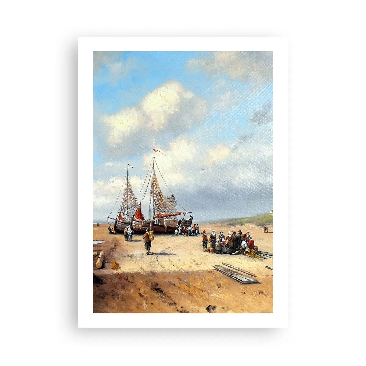 Póster - Barcos de pesca tradicionales y pescadores en una playa de arena - 50x70cm - Después de una pesca exitosa - Decoración de pared moderna para salón y dormitorio ARTTOR