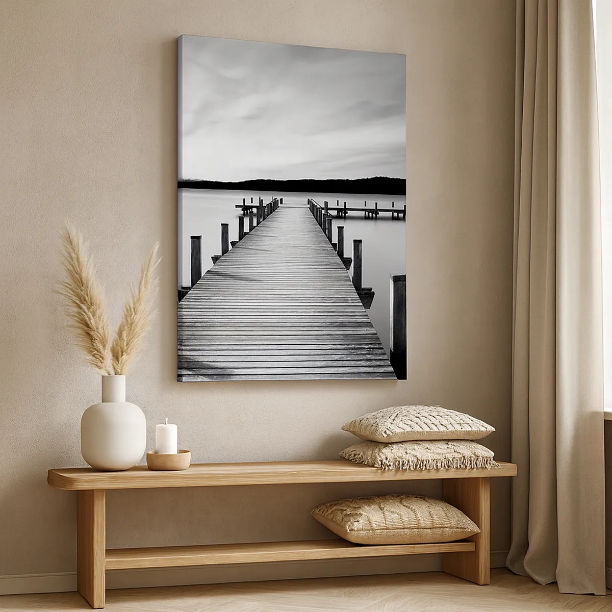 Cuadro sobre lienzo - Impresión de Imagen - Un embarcadero blanco y negro en un lago tranquilo. - 50x70cm - En el lago de la paz - Decoración de pared moderna para salón y dormitorio ARTTOR