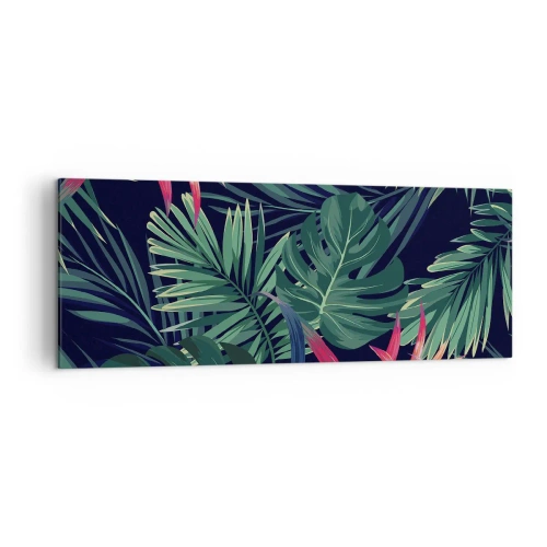 Cuadro sobre lienzo - Impresión de Imagen - Hojas y flores tropicales sobre un fondo oscuro. - 140x50cm - Encender el color verde - Decoración de pared moderna para salón y dormitorio ARTTOR