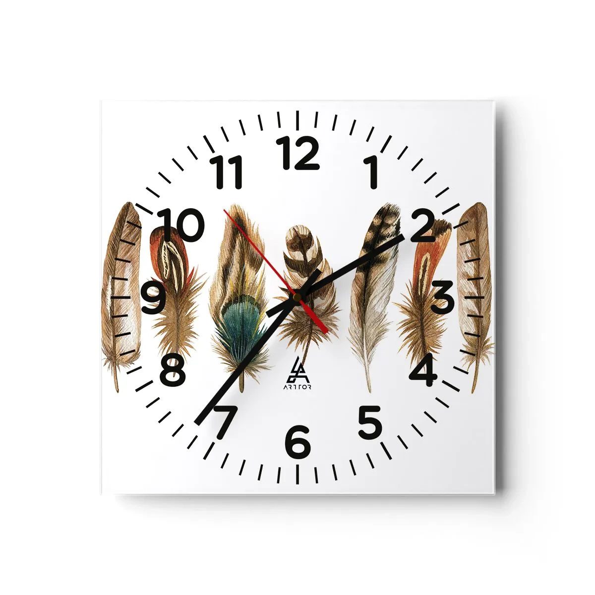 Reloj de pared - Reloj de vidrio - Estudio de plumas - 40x40 cm