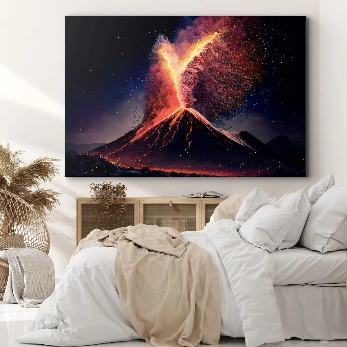 Cuadro sobre lienzo - Impresión de Imagen - Una erupción volcánica única por la noche con colores dinámicos. - 120x80cm - Belleza y horror - Decoración de pared moderna para salón y dormitorio ARTTOR