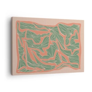 Cuadro sobre lienzo - Impresión de Imagen - Un patrón de plantas en tonos verdes y naranjas. - 70x50cm - Lucha entre el coral y el verde - Decoración de pared moderna para salón y dormitorio ARTTOR
