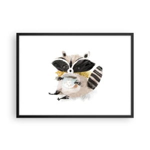 Póster en marco negro - Adorable mapache sosteniendo una taza de color pastel - 70x50cm - Mi amigo mapache - Decoración de pared moderna para salón y dormitorio ARTTOR