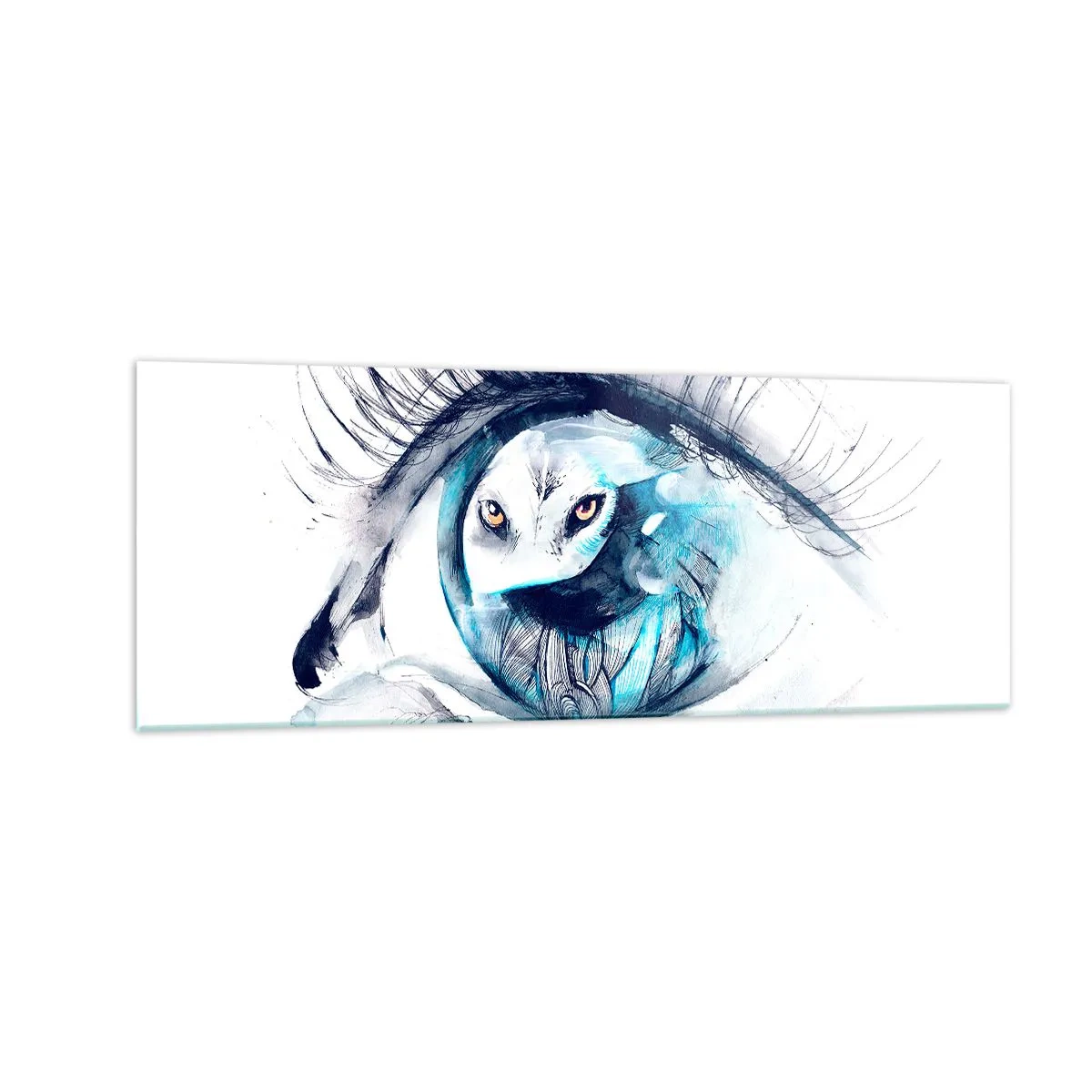 Cuadro sobre vidrio - Impresiones sobre Vidrio - Un ojo con la imagen de un búho en tonos de acuarela azul. - 140x50cm - Ojo con la naturaleza - Decoración de pared moderna para salón y dormitorio ARTTOR