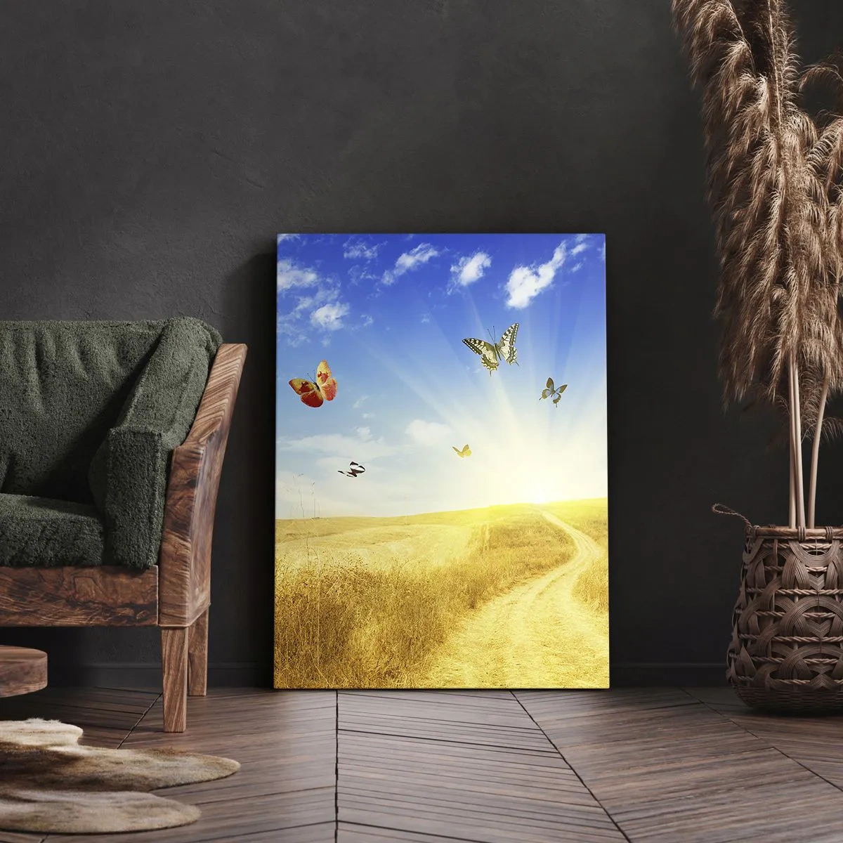 Cuadro sobre lienzo - Impresión de Imagen - Un campo dorado, un camino y mariposas contra un cielo azul. - 50x70cm - ¿Cómo no amar el verano? - Decoración de pared moderna para salón y dormitorio ARTTOR