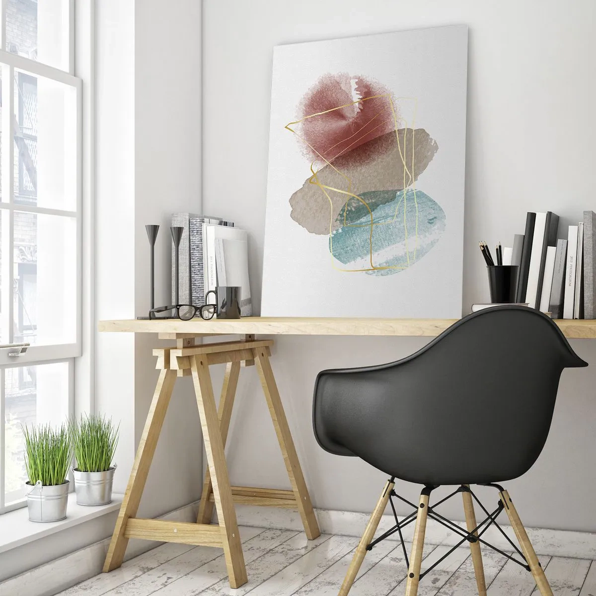 Cuadro sobre vidrio - Impresiones sobre Vidrio - Salpicaduras de acuarela abstractas y líneas doradas. - 50x70cm - Abstracción coral del espacio - Decoración de pared moderna para salón y dormitorio ARTTOR