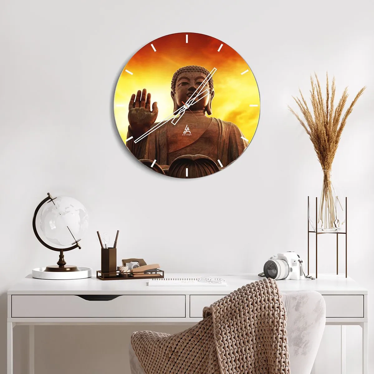 Reloj de pared - Reloj de vidrio - Estatua de Buda con el sol poniente como telón de fondo - 30x30cm - La calma del mundo - Decoración de pared moderna para salón, cocina y dormitorio ARTTOR