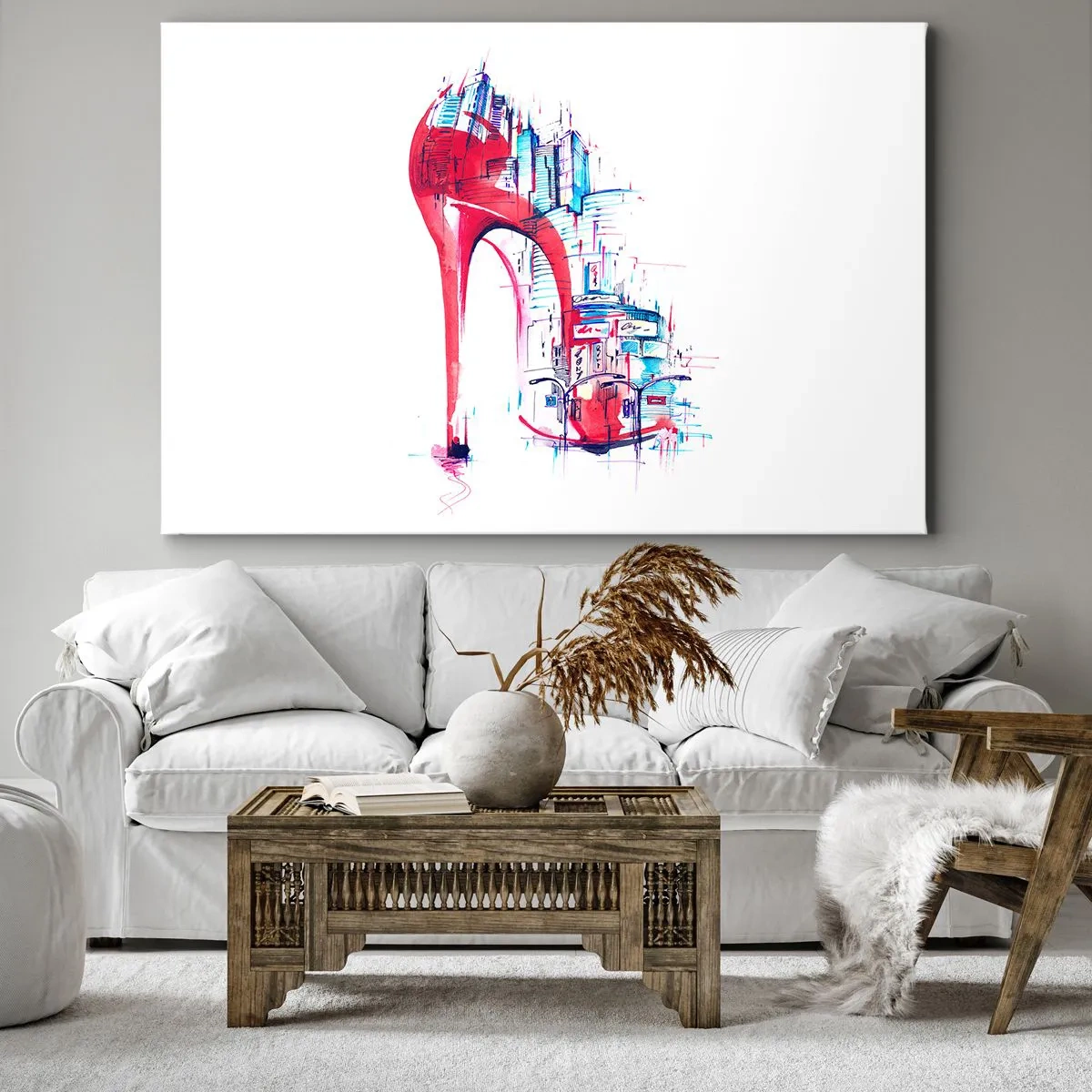 Cuadro sobre lienzo - Impresión de Imagen - Tacón de aguja rojo abstracto con detalles urbanos - 70x50cm - Elegancia metropolitana - Decoración de pared moderna para salón y dormitorio ARTTOR