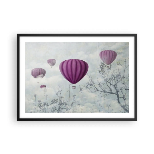 Póster en marco negro - Globos morados flotando sobre los árboles en las nubes. - 70x50cm - Surcando los cielos - Decoración de pared moderna para salón y dormitorio ARTTOR