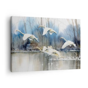 Cuadro sobre lienzo - Impresión de Imagen - Cisnes en vuelo sobre un lago congelado en un paisaje invernal - 70x50cm - Como en un cuento de cisnes salvajes - Decoración de pared moderna para salón y dormitorio ARTTOR