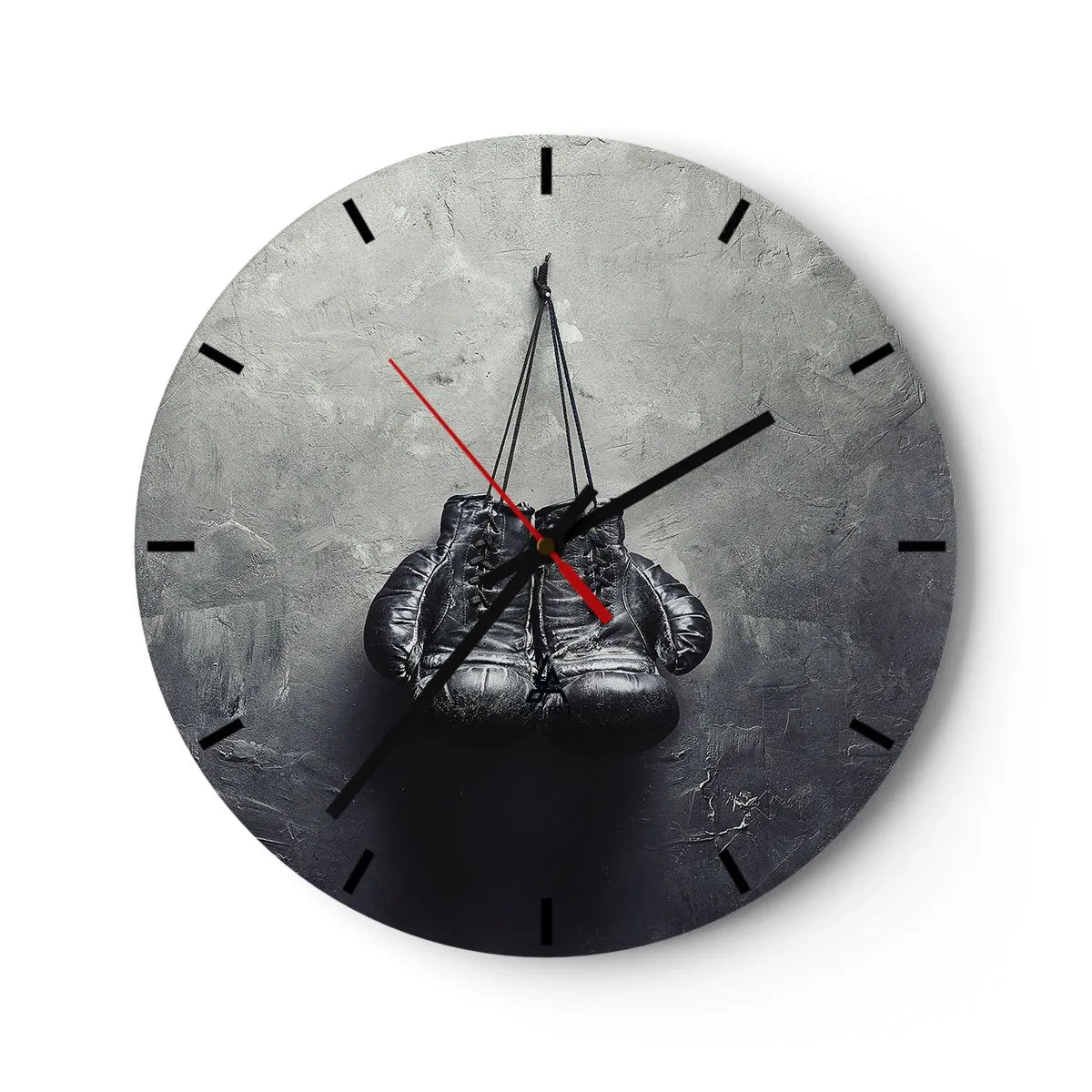 Reloj de pared - Reloj de vidrio - Guantes de boxeo negros sobre fondo gris - 30x30cm - Tiempo de lucha y tiempo de paz - Decoración de pared moderna para salón, cocina y dormitorio ARTTOR