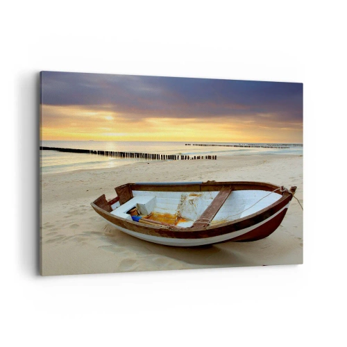 Cuadro sobre lienzo - Impresión de Imagen - Un barco en una playa de arena al atardecer. - 100x70cm - No hay playas más bonitas - Decoración de pared moderna para salón y dormitorio ARTTOR