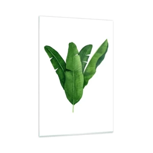 Cuadro sobre vidrio - Impresiones sobre Vidrio - Tres hojas de plátano en un enfoque artístico - 80x120cm - Simetría verde - Decoración de pared moderna para salón y dormitorio ARTTOR