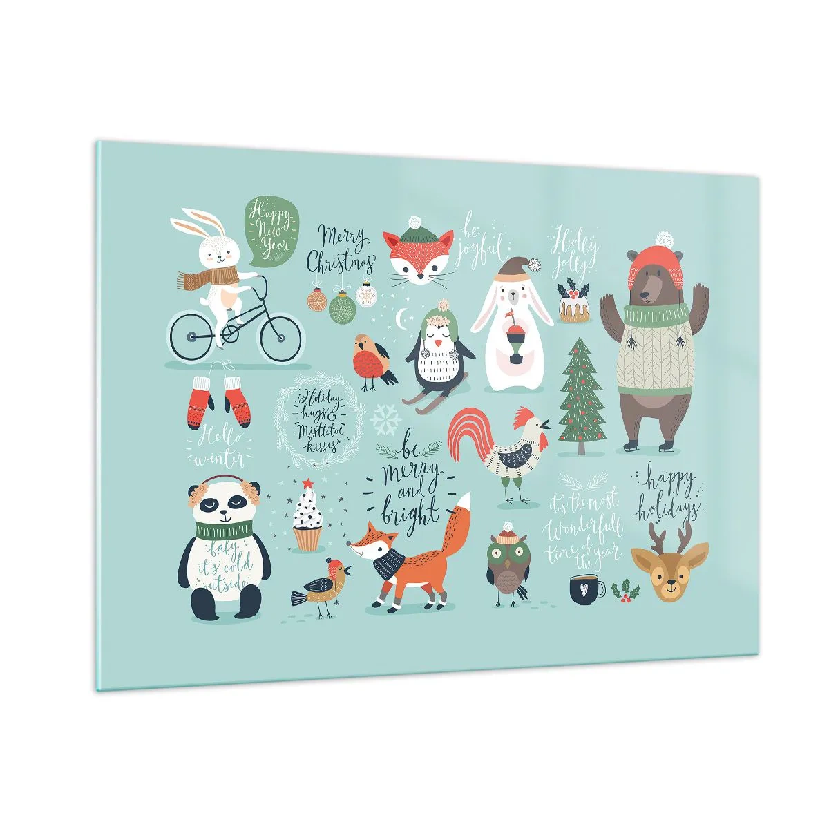 Cuadro sobre vidrio - Impresiones sobre Vidrio - Ilustraciones de animales navideños sobre un fondo pastel - 100x70cm - ¡Que siempre sea Navidad! - Decoración de pared moderna para salón y dormitorio ARTTOR