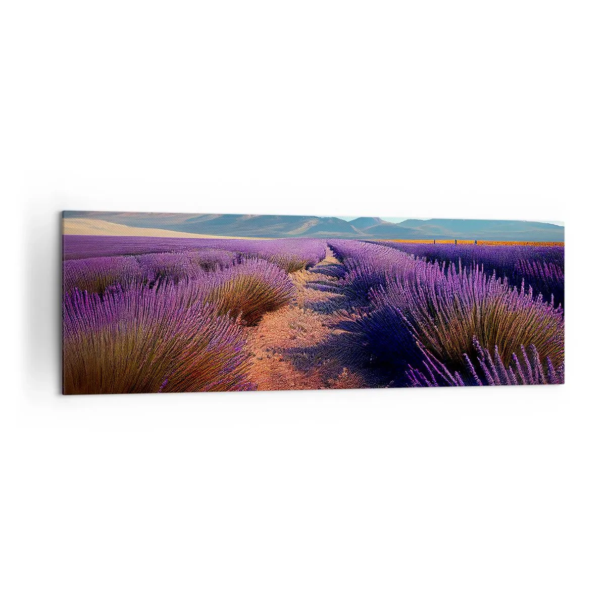 Cuadro sobre lienzo - Impresión de Imagen - Un campo de lavanda con vistas a las montañas y al cielo azul. - 160x50cm - Campos fragantes - Decoración de pared moderna para salón y dormitorio ARTTOR
