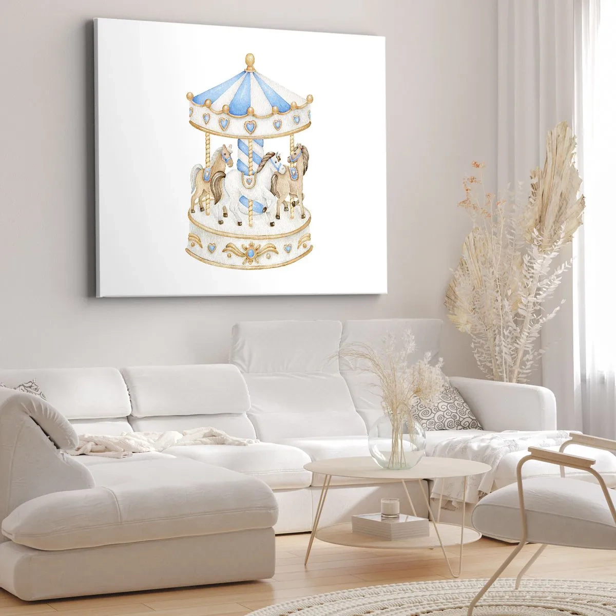 Cuadro sobre lienzo - Impresión de Imagen - Un carrusel en colores pastel sobre un fondo blanco. - 100x70cm - Dulce infancia - Decoración de pared moderna para salón y dormitorio ARTTOR