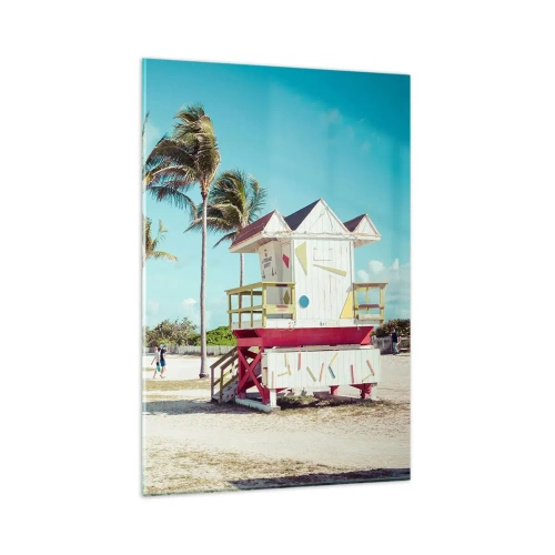 Cuadro sobre vidrio - Impresiones sobre Vidrio - Una playa con palmeras y una torre de salvavidas al fondo. - 80x120cm - Un hermoso día por delante - Decoración de pared moderna para salón y dormitorio ARTTOR