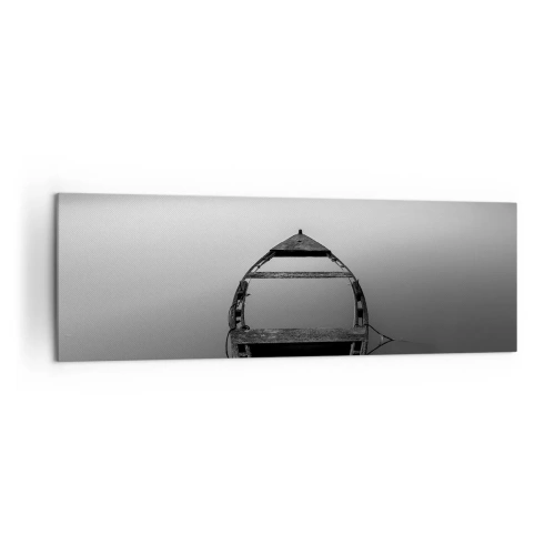 Cuadro sobre lienzo - Impresión de Imagen - Un barco solitario en un lago tranquilo en tonos blanco y negro. - 160x50cm - Anhelo y melancolía - Decoración de pared moderna para salón y dormitorio ARTTOR