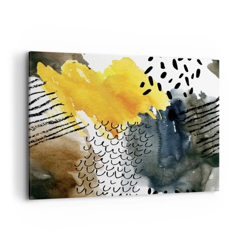 Cuadro sobre lienzo - Impresión de Imagen - Una composición abstracta con acentos amarillos y patrones gráficos. - 100x70cm - Reunión de los elementos - Decoración de pared moderna para salón y dormitorio ARTTOR