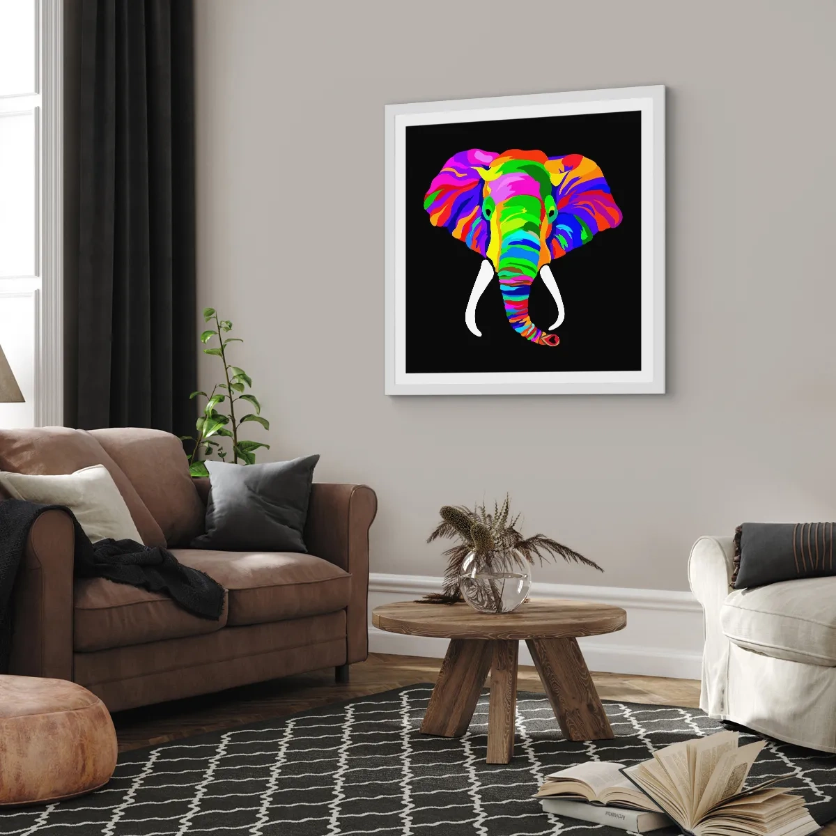 Póster en marco blanco - El elefante al que le gustaba bañarse en el arco iris - 40x40 cm