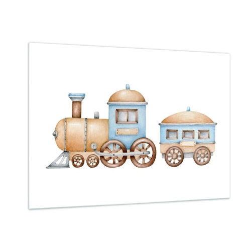 Cuadro sobre vidrio - Impresiones sobre Vidrio - Ilustración de un tren de vapor en tonos azules y beige sobre un fondo blanco. - 100x70cm - De pie en la estación... - Decoración de pared moderna para salón y dormitorio ARTTOR