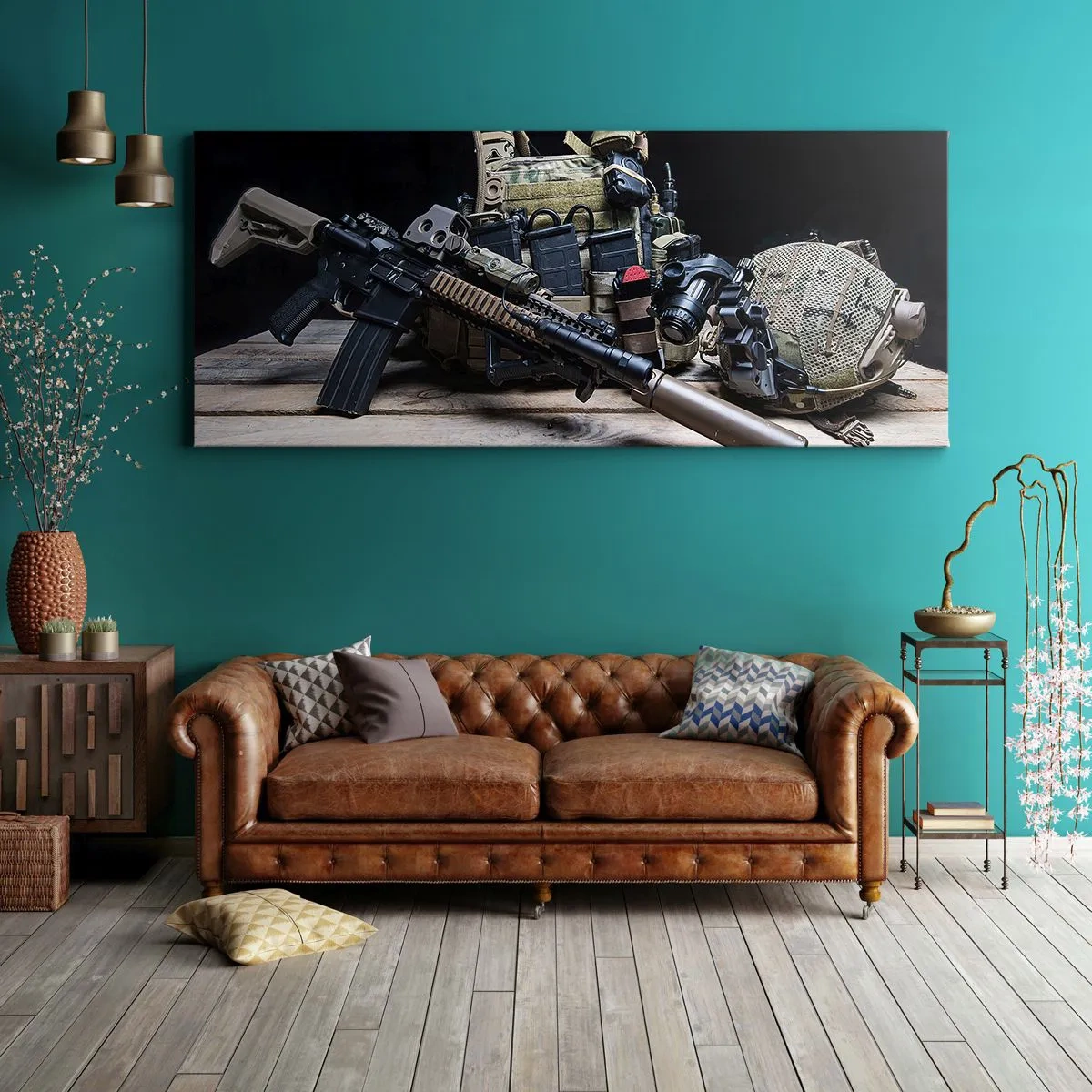 Cuadro sobre lienzo - Impresión de Imagen - Equipo táctico con un rifle sobre una mesa de madera. - 120x50cm - ¡Descansen! - Decoración de pared moderna para salón y dormitorio ARTTOR