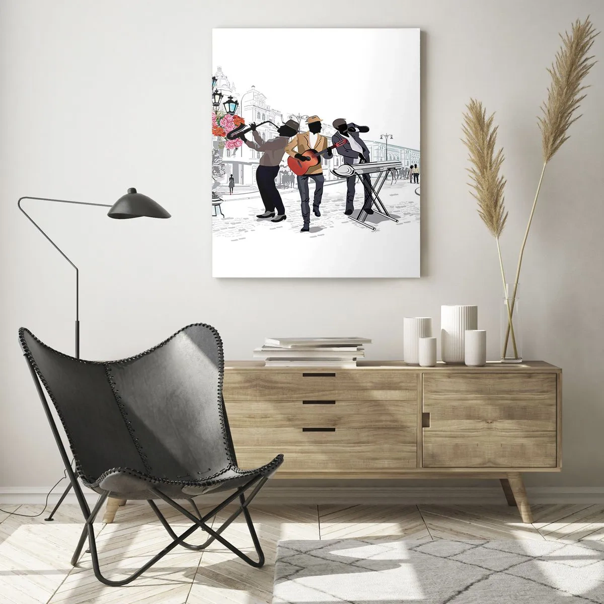 Cuadro sobre vidrio - Impresiones sobre Vidrio - Una banda de jazz tocando en la calle. - 50x70cm - Música de la calle - Decoración de pared moderna para salón y dormitorio ARTTOR