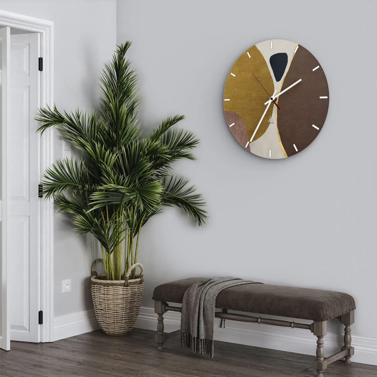Reloj de pared - Reloj de vidrio - Formas abstractas en tonos marrones, beige y dorados. - 30x30cm - Abstracción - un lugar en el espacio - Decoración de pared moderna para salón, cocina y dormitorio ARTTOR