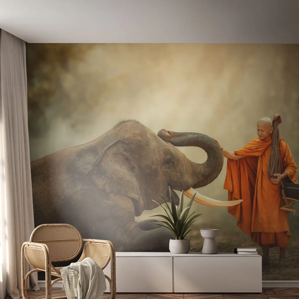 Fotomural Standard Eco - Un encuentro en un viaje - Asia, Elefante, Monje - 400x280 cm