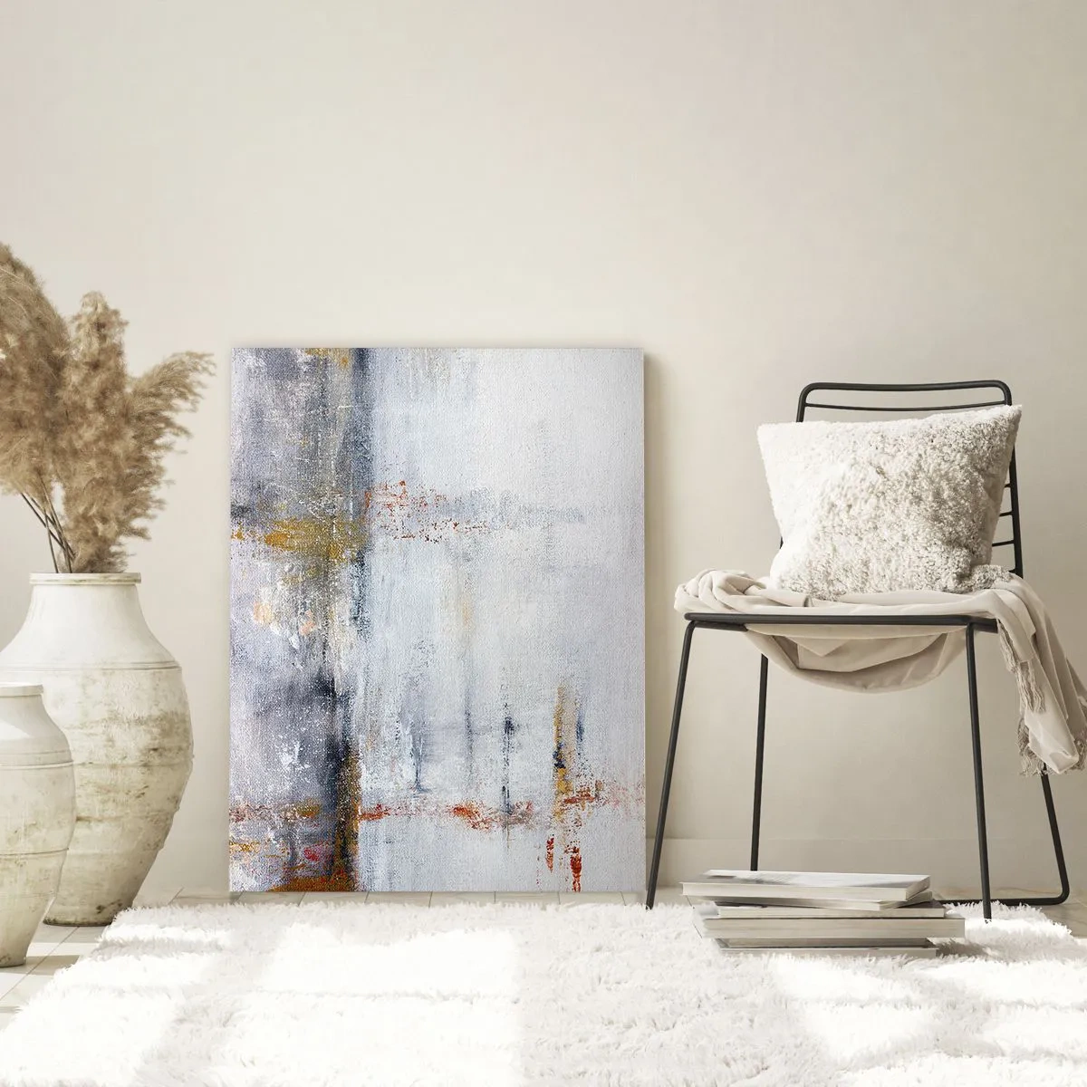 Cuadro sobre vidrio - Impresiones sobre Vidrio - Una pintura abstracta que presenta una sutil combinación de gris, blanco y dorado. - 50x70cm - Tras una cortina de aire - Decoración de pared moderna para salón y dormitorio ARTTOR