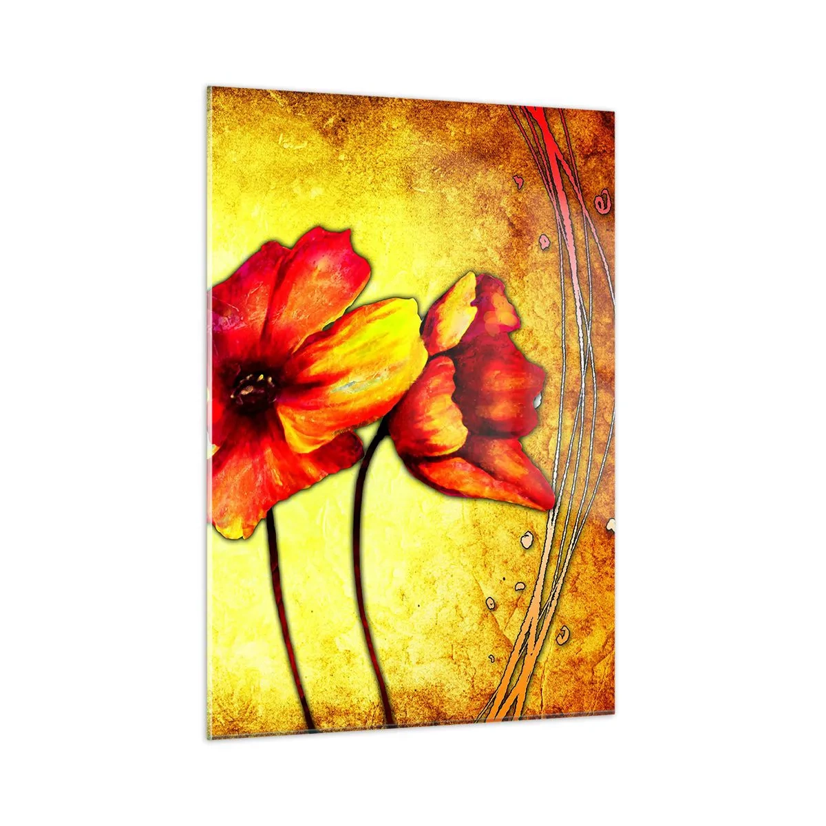 Cuadro sobre vidrio - Impresiones sobre Vidrio - Amapolas rojas sobre un fondo de tonos dorados con detalles artísticos. - 50x70cm - En decoración Art Nouveau - Decoración de pared moderna para salón y dormitorio ARTTOR