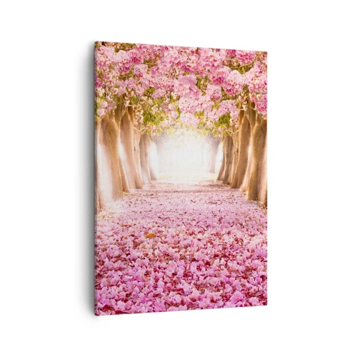 Cuadro sobre lienzo - Impresión de Imagen - Una avenida de árboles en flor en tonos rosa. - 50x70cm - El camino al paraíso - Decoración de pared moderna para salón y dormitorio ARTTOR