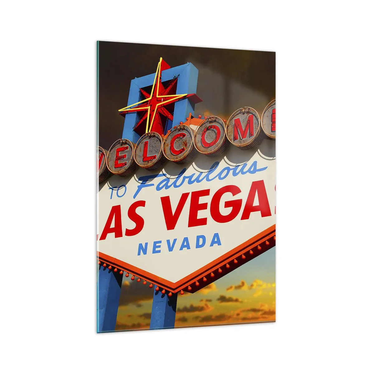 Cuadro sobre vidrio - Impresiones sobre Vidrio - El famoso cartel de Bienvenido a la fabulosa Las Vegas al atardecer - 70x100cm - Por la sonrisa del destino - Decoración de pared moderna para salón y dormitorio ARTTOR