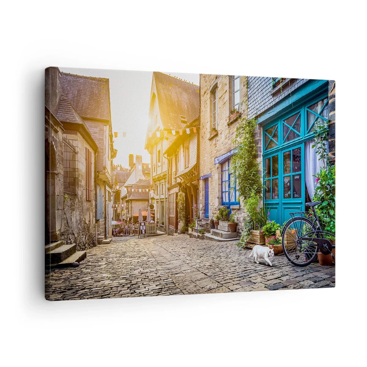 Cuadro sobre lienzo - Impresión de Imagen - Una encantadora calle con pavimento de piedra bajo la luz del sol. - 70x50cm - El fantasma blanco de la ciudad - Decoración de pared moderna para salón y dormitorio ARTTOR