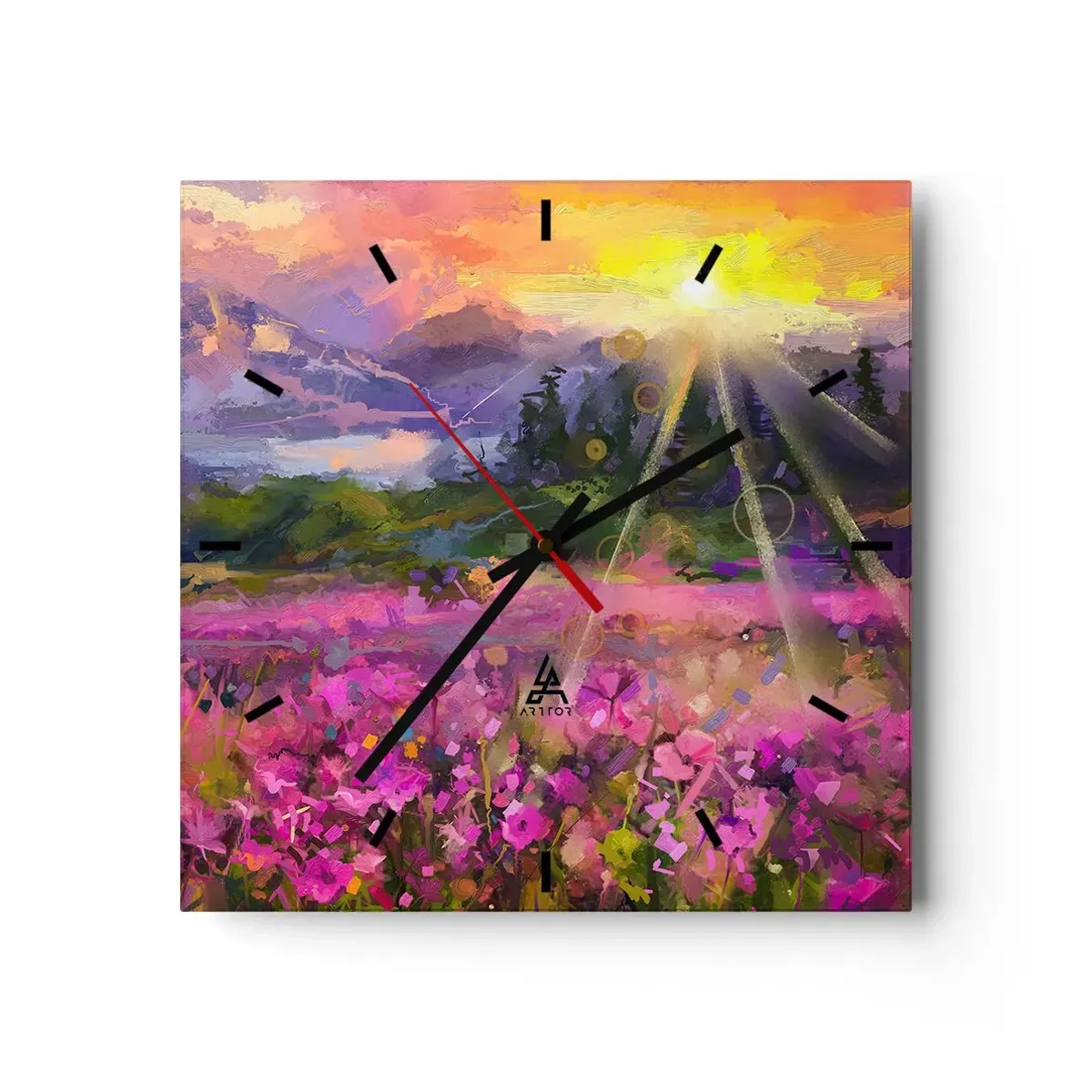 Reloj de pared - Reloj de vidrio - Un prado pintoresco bajo los rayos del sol poniente. - 30x30cm - En un valle bajo la protección del sol - Decoración de pared moderna para salón y dormitorio ARTTOR