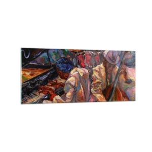 Cuadro sobre vidrio - Impresiones sobre Vidrio - Escena de jazz enérgica con músicos e instrumentos. - 120x50cm - En un ritmo mágico - Decoración de pared moderna para salón y dormitorio ARTTOR