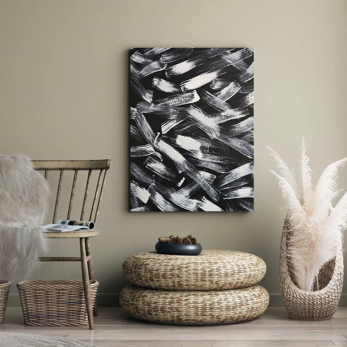 Cuadro sobre lienzo - Impresión de Imagen - Abstracción dinámica con pinceladas blancas sobre fondo negro. - 70x100cm - Abstracción en el espíritu industrial - Decoración de pared moderna para salón y dormitorio ARTTOR