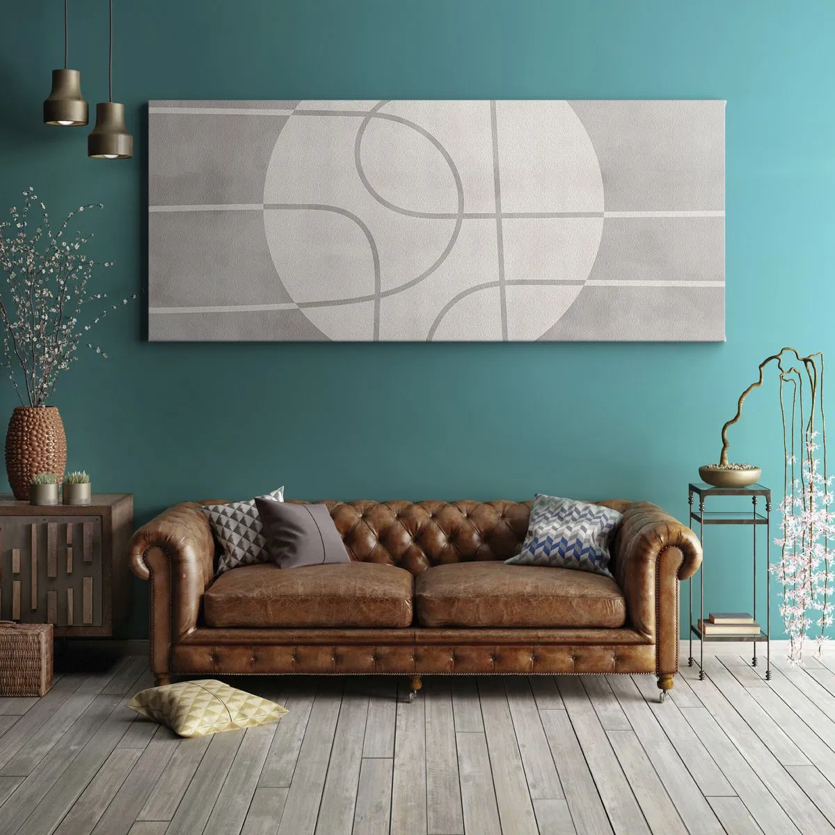 Cuadro sobre lienzo - Impresión de Imagen - Patrón geométrico en tonos grises y blancos. - 120x50cm - Circular y rectilíneo - Decoración de pared moderna para salón y dormitorio ARTTOR
