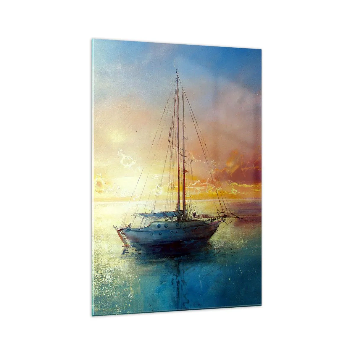 Cuadro sobre vidrio - Impresiones sobre Vidrio - Un yate en un mar tranquilo al atardecer. - 70x100cm - En una bahía dorada - Decoración de pared moderna para salón y dormitorio ARTTOR